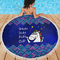 Funny Unicorn Beach Blanket with Shuh Duh Fuh Cup Quote Blue Geometric and Cartoon - Wonder Print Shop