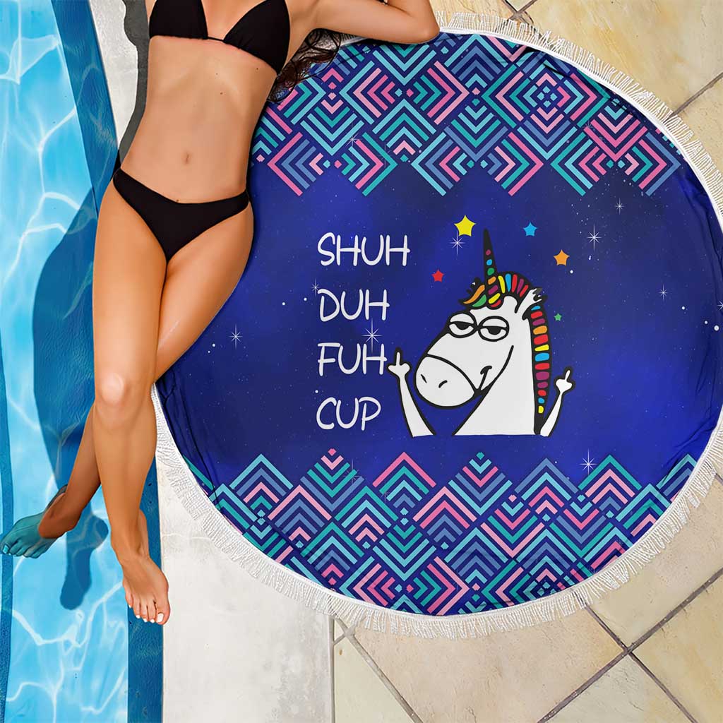 Funny Unicorn Beach Blanket with Shuh Duh Fuh Cup Quote Blue Geometric and Cartoon - Wonder Print Shop