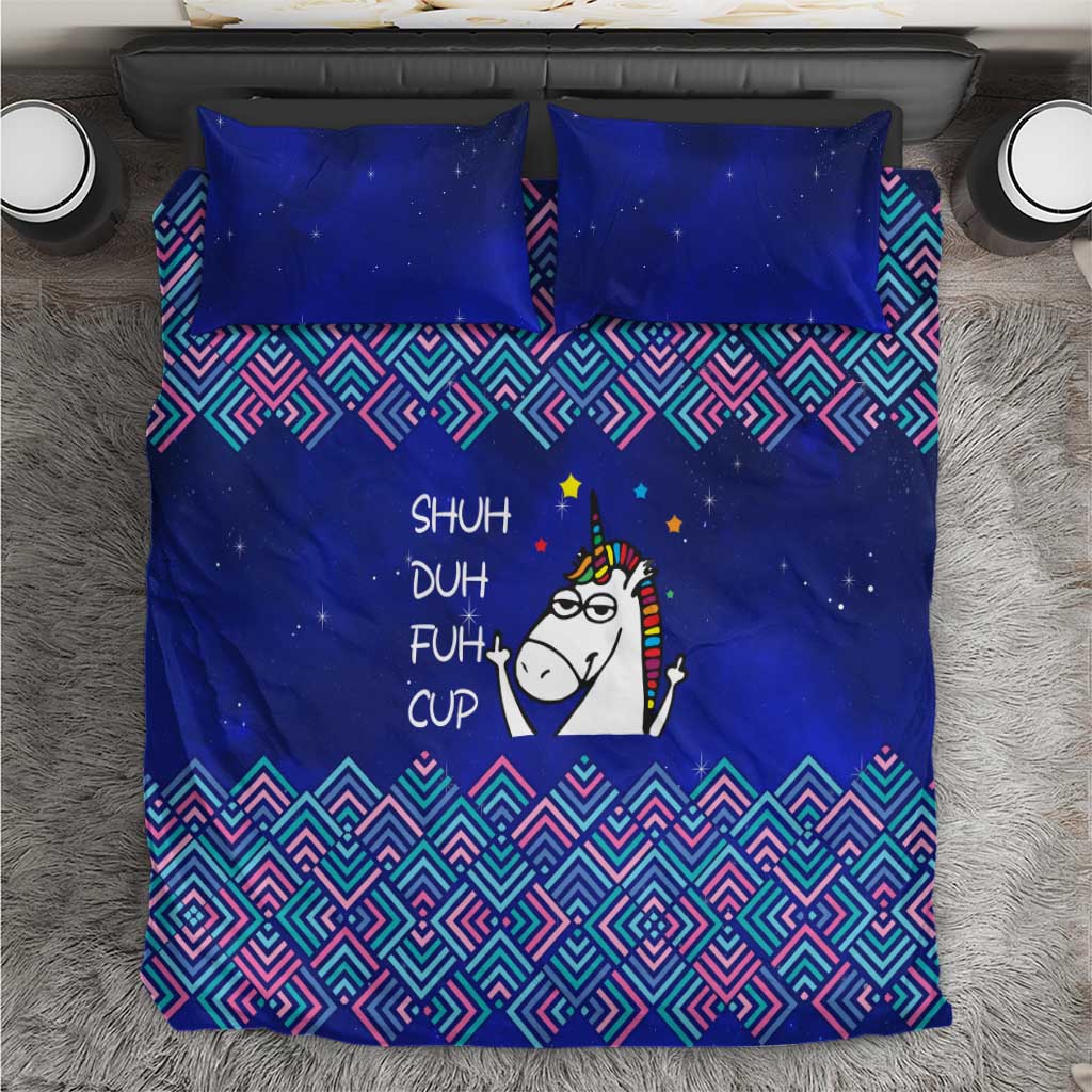 Funny Unicorn Bedding Set with Shuh Duh Fuh Cup Quote Blue Geometric and Cartoon - Wonder Print Shop