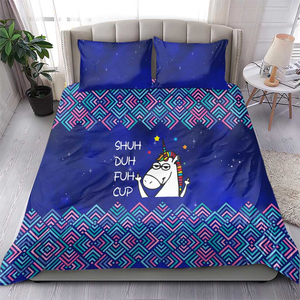 Funny Unicorn Bedding Set with Shuh Duh Fuh Cup Quote Blue Geometric and Cartoon - Wonder Print Shop