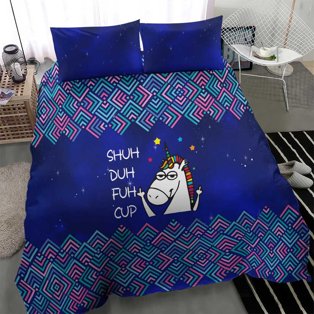 Funny Unicorn Bedding Set with Shuh Duh Fuh Cup Quote Blue Geometric and Cartoon - Wonder Print Shop