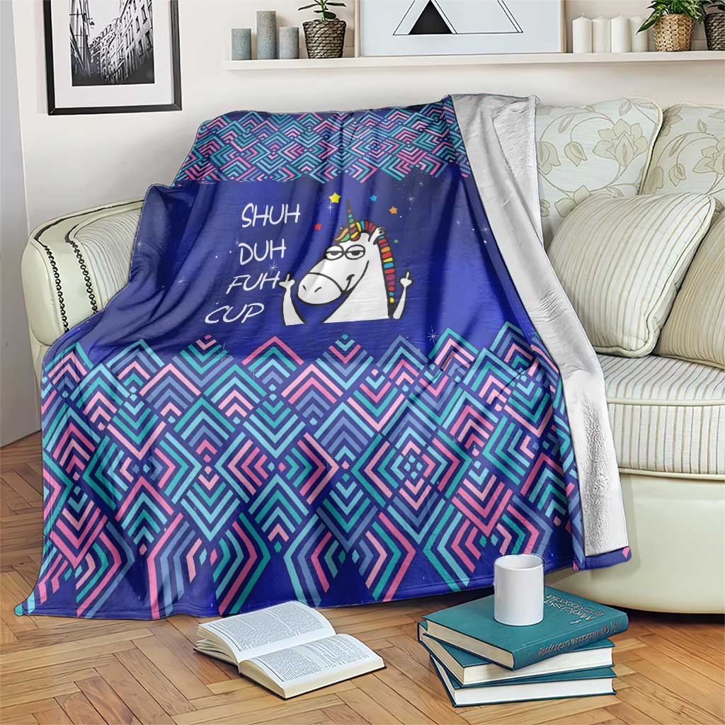 Funny Unicorn Blanket with Shuh Duh Fuh Cup Quote Blue Geometric and Cartoon - Wonder Print Shop