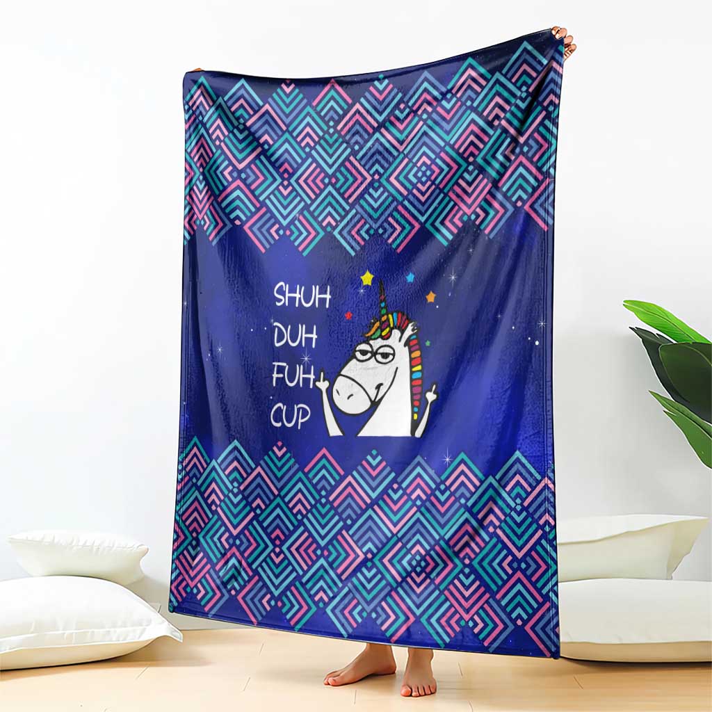Funny Unicorn Blanket with Shuh Duh Fuh Cup Quote Blue Geometric and Cartoon - Wonder Print Shop