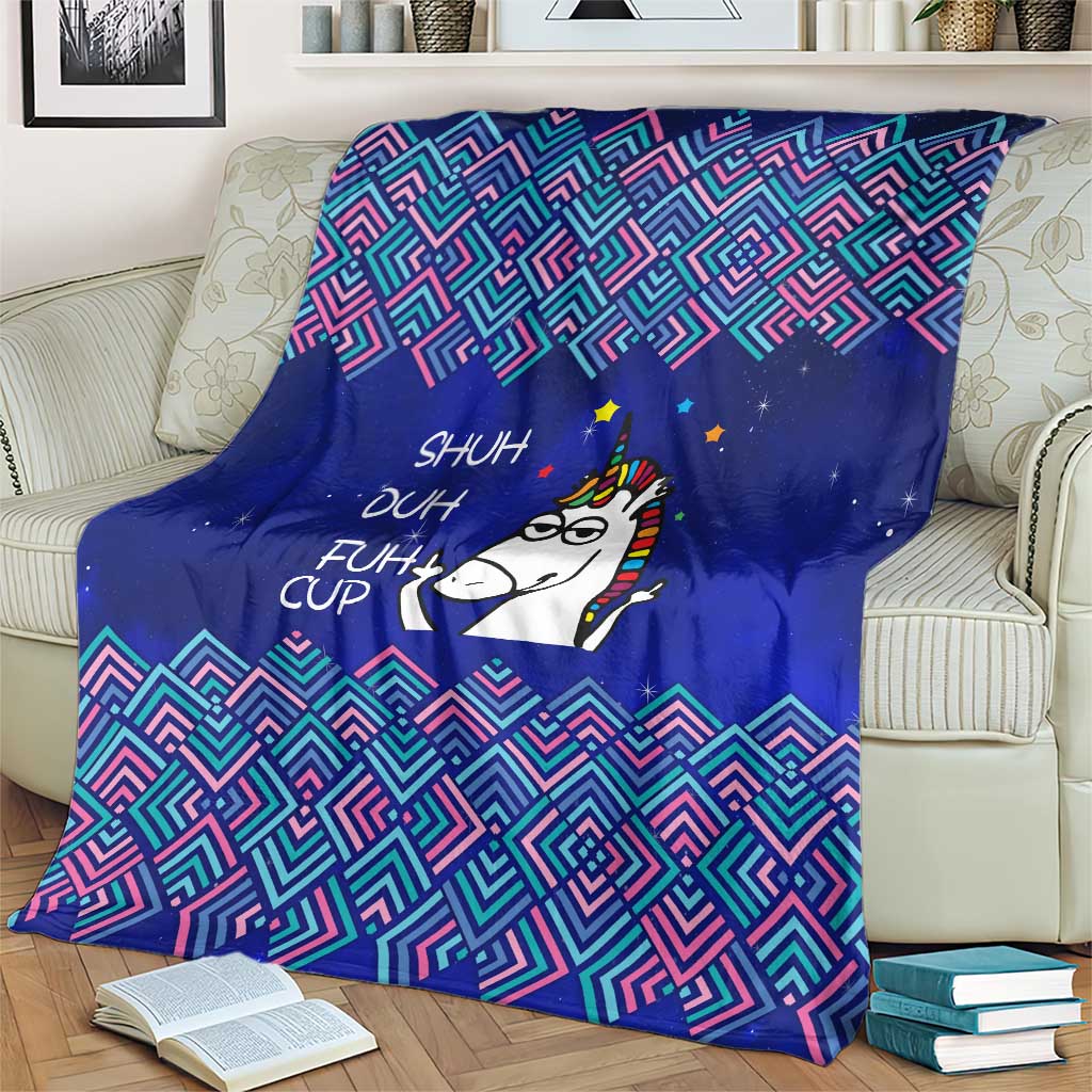Funny Unicorn Blanket with Shuh Duh Fuh Cup Quote Blue Geometric and Cartoon - Wonder Print Shop