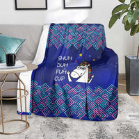 Funny Unicorn Blanket with Shuh Duh Fuh Cup Quote Blue Geometric and Cartoon - Wonder Print Shop