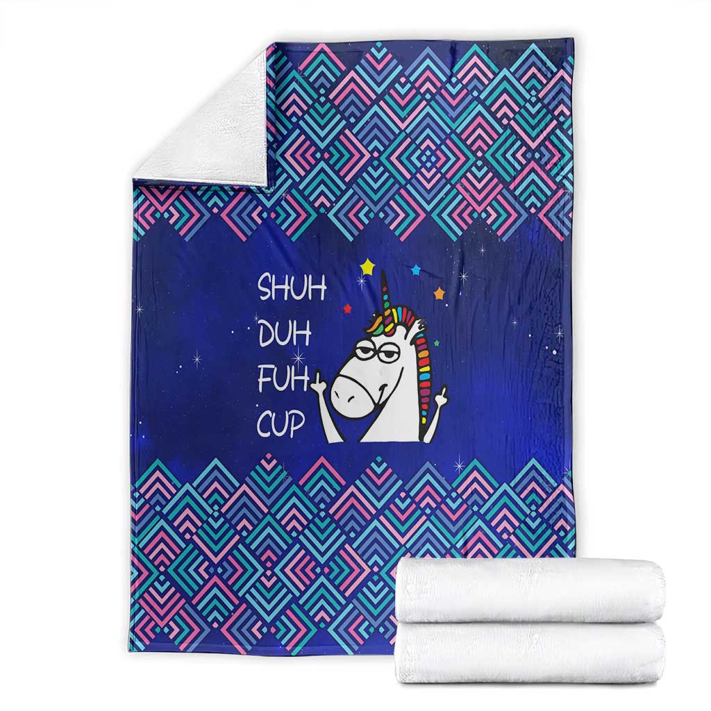 Funny Unicorn Blanket with Shuh Duh Fuh Cup Quote Blue Geometric and Cartoon - Wonder Print Shop