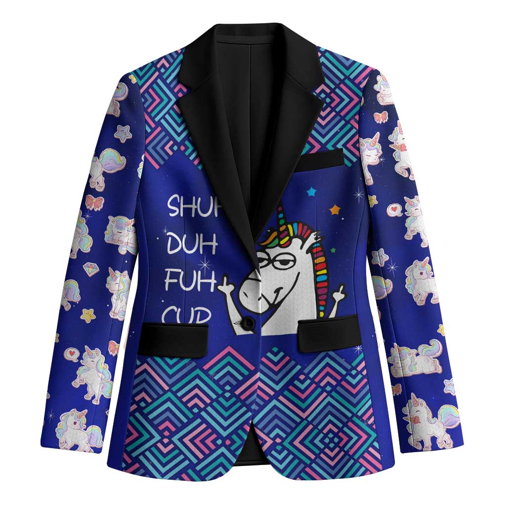 Funny Unicorn Blazer with Shuh Duh Fuh Cup Quote Blue Geometric and Cartoon - Wonder Print Shop