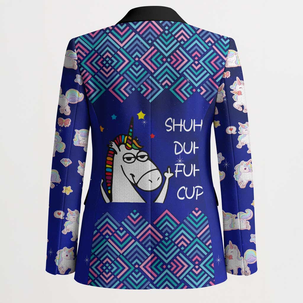 Funny Unicorn Blazer with Shuh Duh Fuh Cup Quote Blue Geometric and Cartoon - Wonder Print Shop