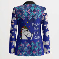 Funny Unicorn Blazer with Shuh Duh Fuh Cup Quote Blue Geometric and Cartoon - Wonder Print Shop