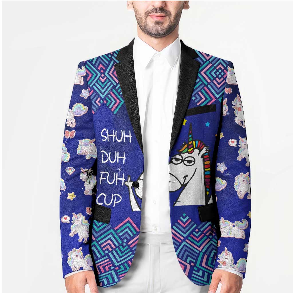 Funny Unicorn Blazer with Shuh Duh Fuh Cup Quote Blue Geometric and Cartoon - Wonder Print Shop