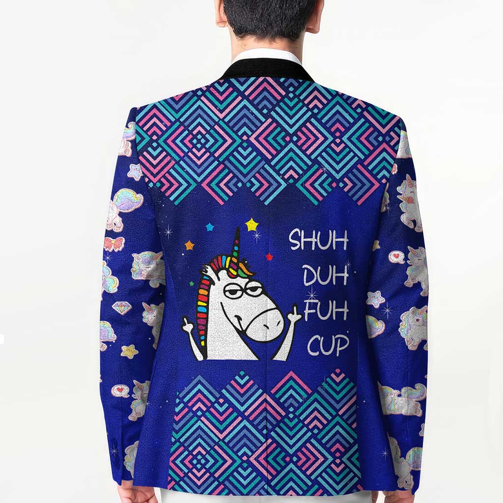 Funny Unicorn Blazer with Shuh Duh Fuh Cup Quote Blue Geometric and Cartoon - Wonder Print Shop