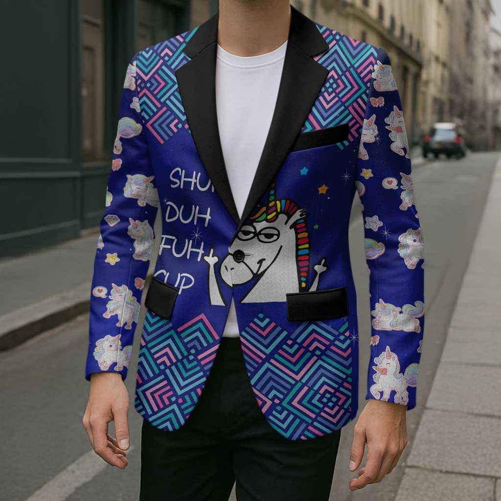 Funny Unicorn Blazer with Shuh Duh Fuh Cup Quote Blue Geometric and Cartoon - Wonder Print Shop