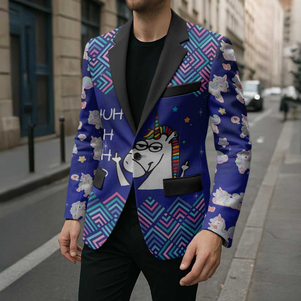 Funny Unicorn Blazer with Shuh Duh Fuh Cup Quote Blue Geometric and Cartoon - Wonder Print Shop