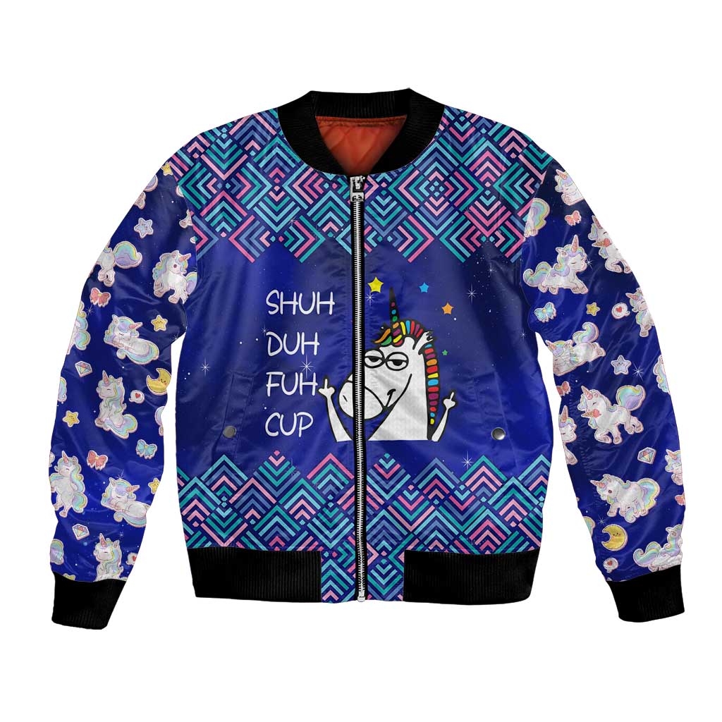 Funny Unicorn Bomber Jacket with Shuh Duh Fuh Cup Quote Blue Geometric and Cartoon - Wonder Print Shop
