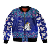 Funny Unicorn Bomber Jacket with Shuh Duh Fuh Cup Quote Blue Geometric and Cartoon - Wonder Print Shop