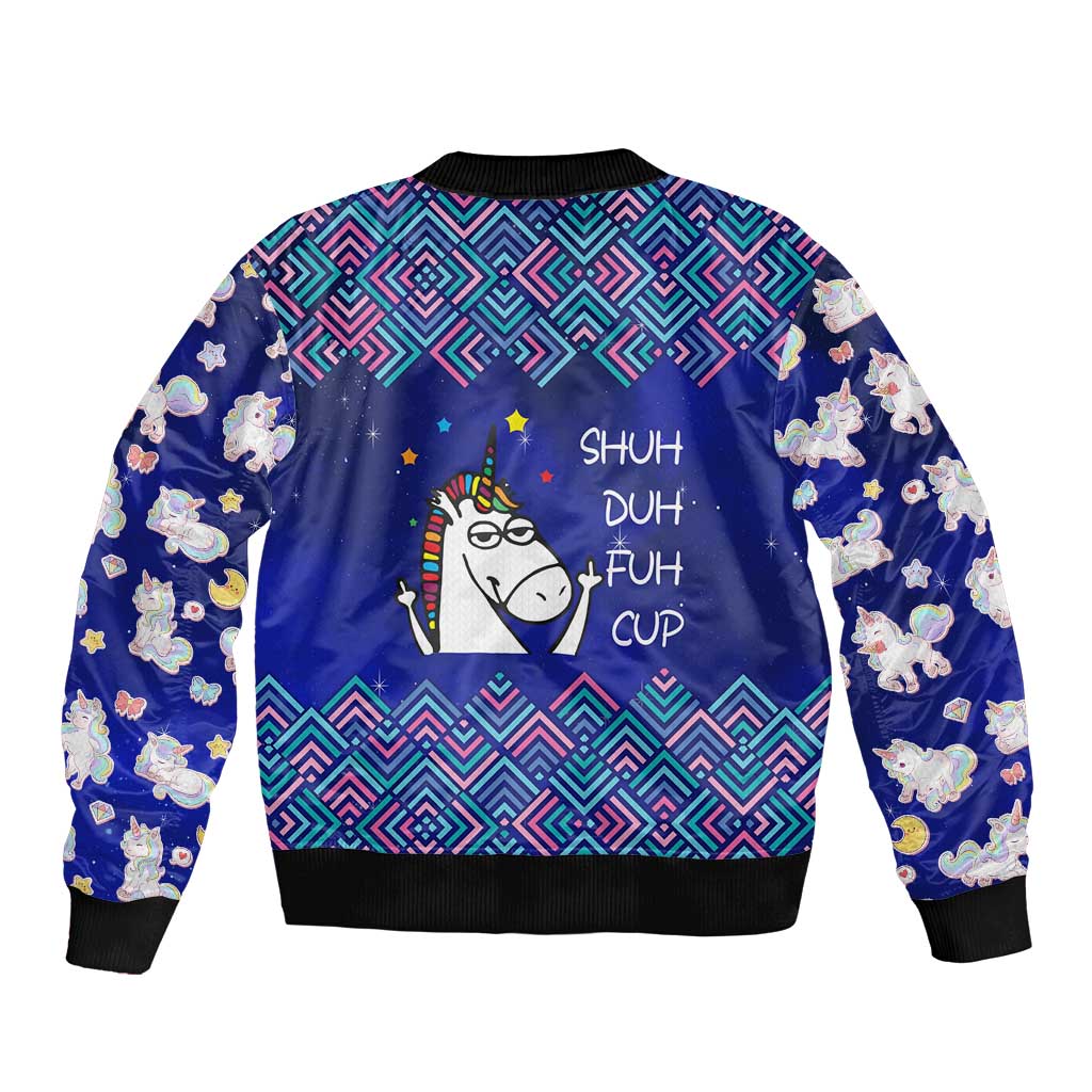 Funny Unicorn Bomber Jacket with Shuh Duh Fuh Cup Quote Blue Geometric and Cartoon - Wonder Print Shop