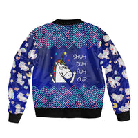 Funny Unicorn Bomber Jacket with Shuh Duh Fuh Cup Quote Blue Geometric and Cartoon - Wonder Print Shop