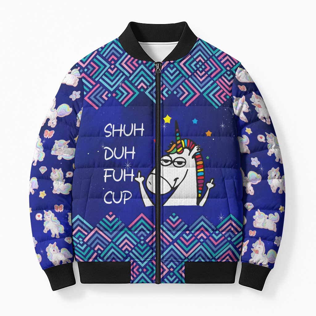 Funny Unicorn Bomber Puffer Jacket with Shuh Duh Fuh Cup Quote Blue Geometric and Cartoon - Wonder Print Shop