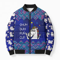 Funny Unicorn Bomber Puffer Jacket with Shuh Duh Fuh Cup Quote Blue Geometric and Cartoon - Wonder Print Shop