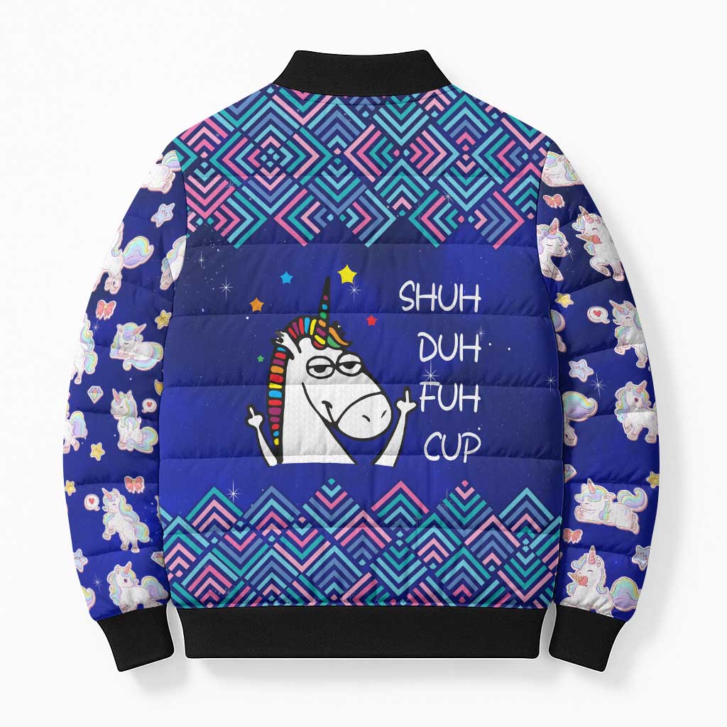 Funny Unicorn Bomber Puffer Jacket with Shuh Duh Fuh Cup Quote Blue Geometric and Cartoon - Wonder Print Shop