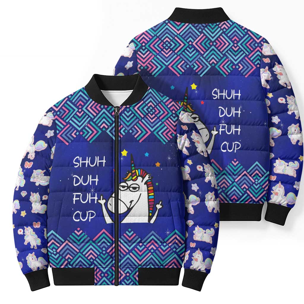 Funny Unicorn Bomber Puffer Jacket with Shuh Duh Fuh Cup Quote Blue Geometric and Cartoon - Wonder Print Shop
