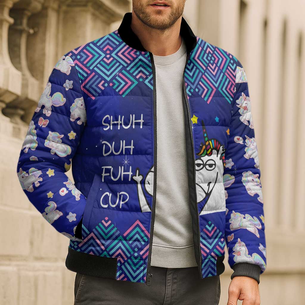 Funny Unicorn Bomber Puffer Jacket with Shuh Duh Fuh Cup Quote Blue Geometric and Cartoon - Wonder Print Shop