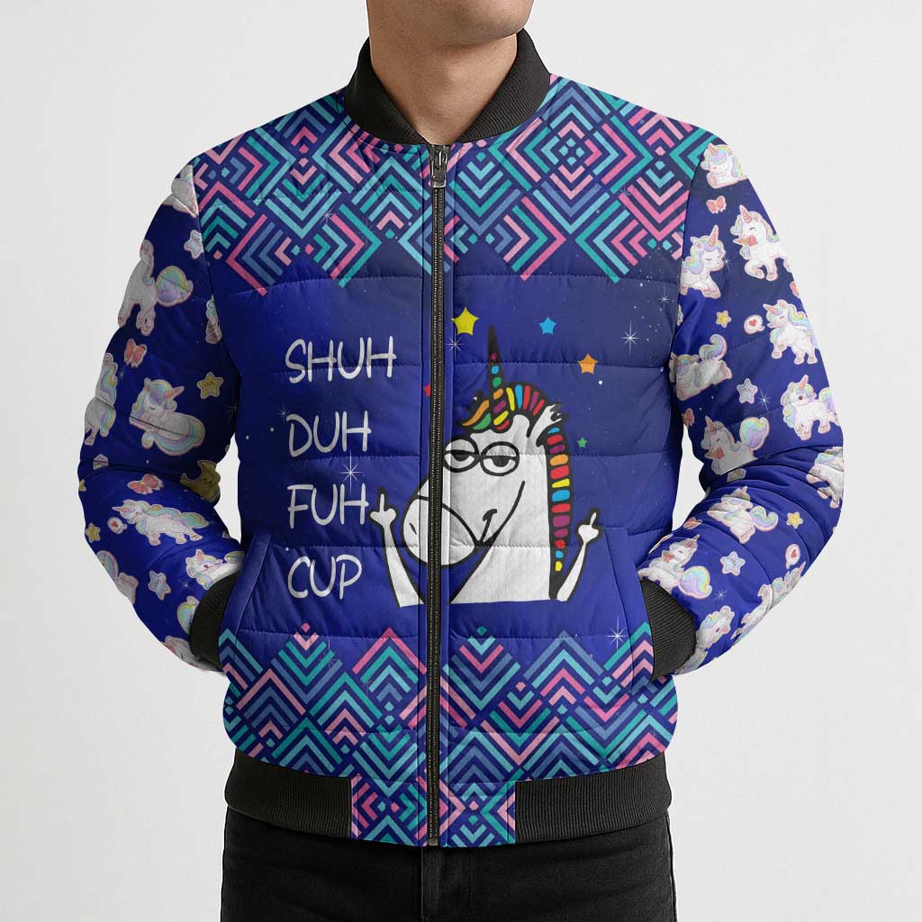 Funny Unicorn Bomber Puffer Jacket with Shuh Duh Fuh Cup Quote Blue Geometric and Cartoon - Wonder Print Shop
