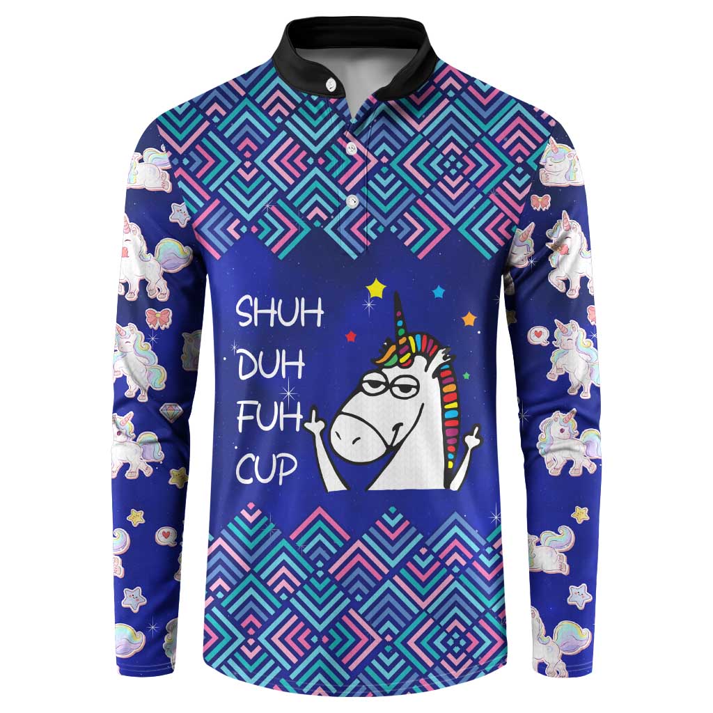 Funny Unicorn Button Sweatshirt with Shuh Duh Fuh Cup Quote Blue Geometric and Cartoon - Wonder Print Shop