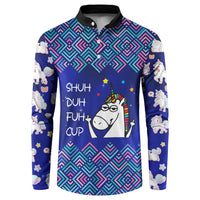 Funny Unicorn Button Sweatshirt with Shuh Duh Fuh Cup Quote Blue Geometric and Cartoon - Wonder Print Shop