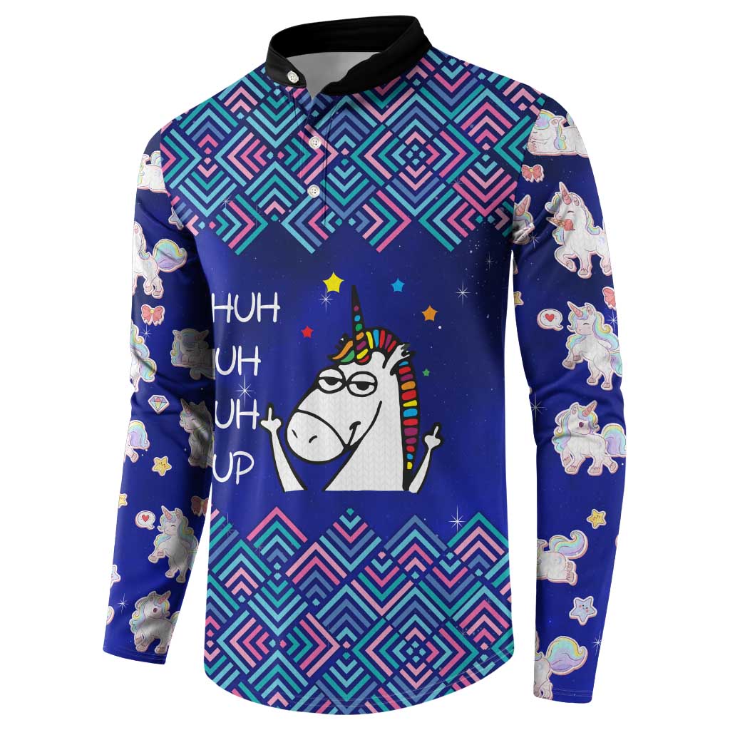 Funny Unicorn Button Sweatshirt with Shuh Duh Fuh Cup Quote Blue Geometric and Cartoon - Wonder Print Shop