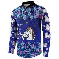 Funny Unicorn Button Sweatshirt with Shuh Duh Fuh Cup Quote Blue Geometric and Cartoon - Wonder Print Shop