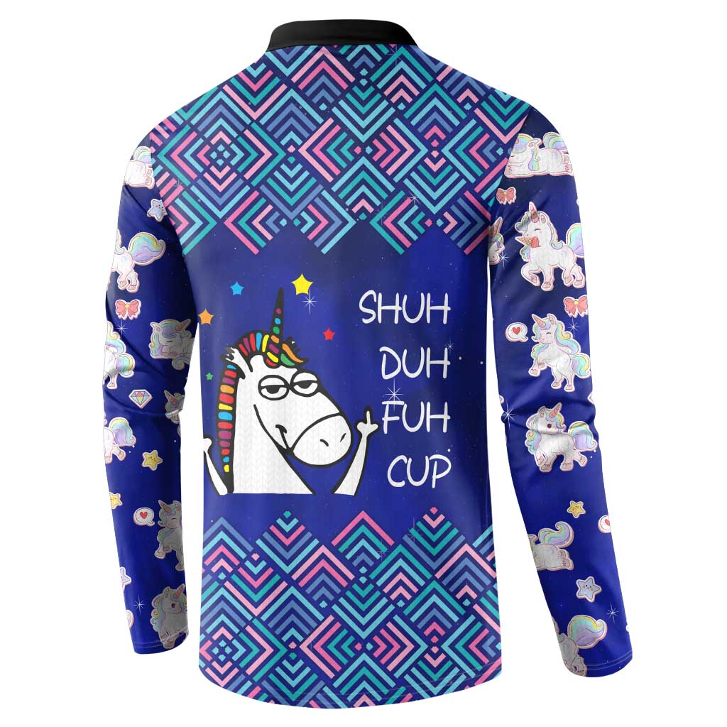 Funny Unicorn Button Sweatshirt with Shuh Duh Fuh Cup Quote Blue Geometric and Cartoon - Wonder Print Shop