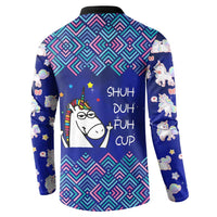 Funny Unicorn Button Sweatshirt with Shuh Duh Fuh Cup Quote Blue Geometric and Cartoon - Wonder Print Shop