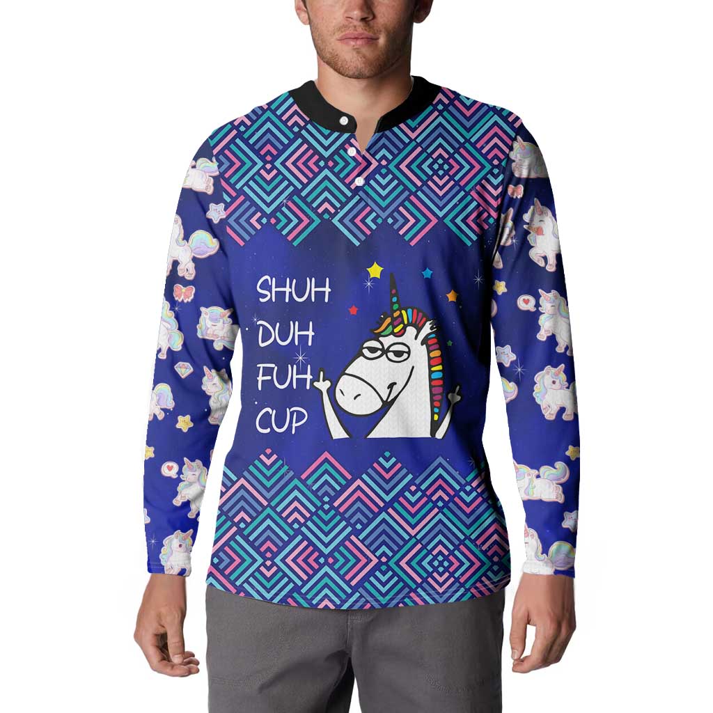 Funny Unicorn Button Sweatshirt with Shuh Duh Fuh Cup Quote Blue Geometric and Cartoon - Wonder Print Shop