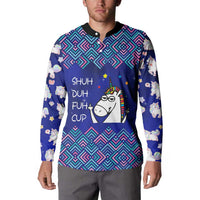 Funny Unicorn Button Sweatshirt with Shuh Duh Fuh Cup Quote Blue Geometric and Cartoon - Wonder Print Shop