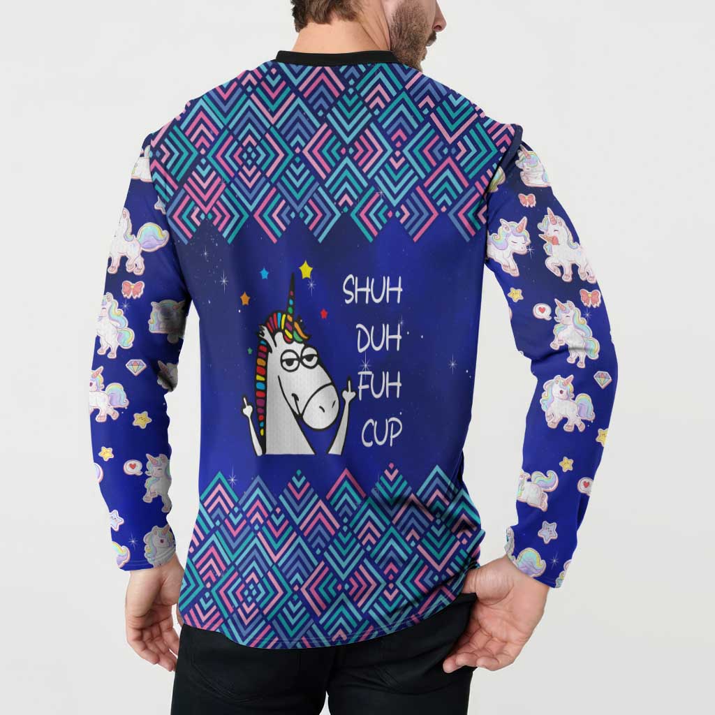 Funny Unicorn Button Sweatshirt with Shuh Duh Fuh Cup Quote Blue Geometric and Cartoon - Wonder Print Shop