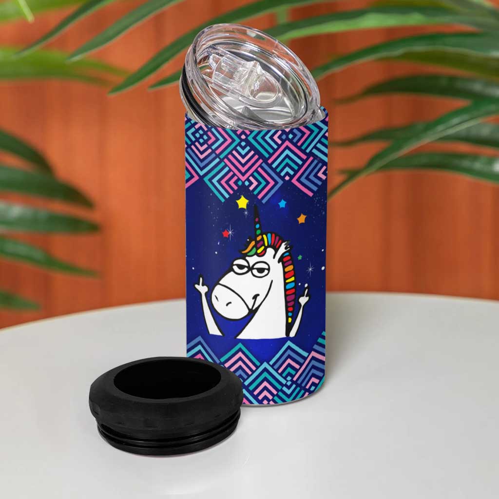 Funny Unicorn 4 in 1 Can Cooler Tumbler with Shuh Duh Fuh Cup Quote Blue Geometric and Cartoon - Wonder Print Shop