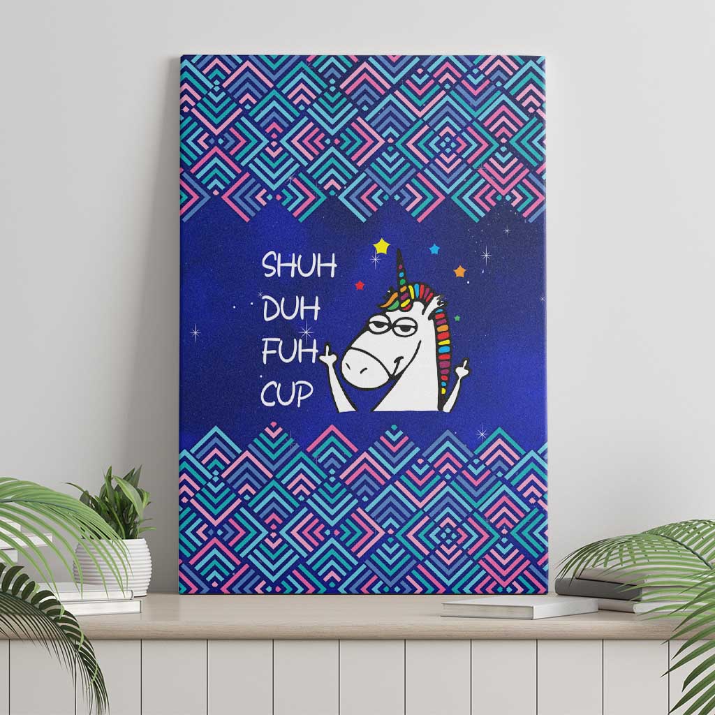 Funny Unicorn Canvas Wall Art with Shuh Duh Fuh Cup Quote Blue Geometric and Cartoon - Wonder Print Shop