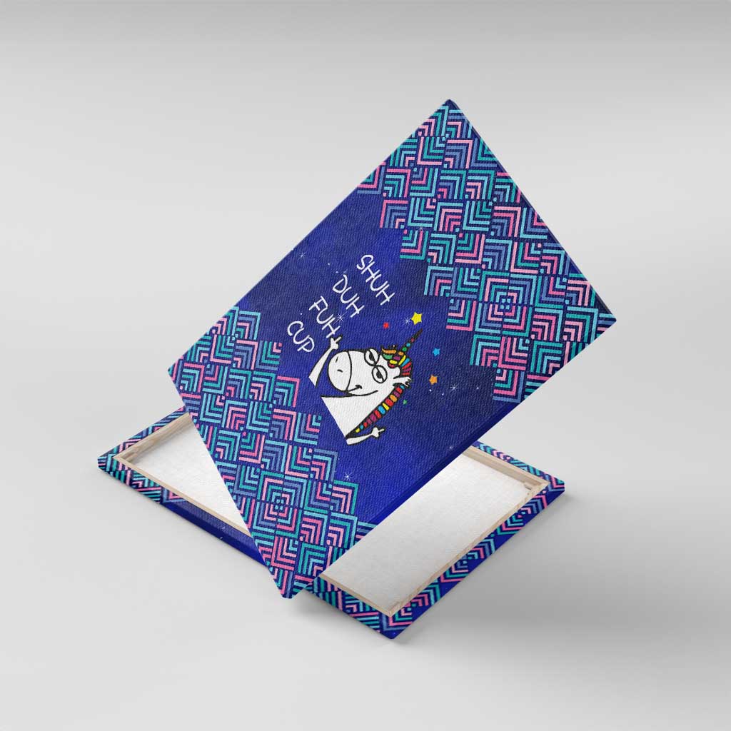 Funny Unicorn Canvas Wall Art with Shuh Duh Fuh Cup Quote Blue Geometric and Cartoon - Wonder Print Shop