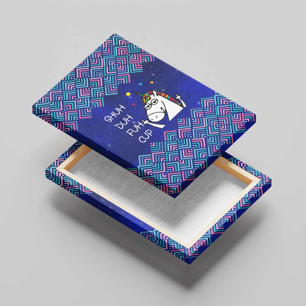 Funny Unicorn Canvas Wall Art with Shuh Duh Fuh Cup Quote Blue Geometric and Cartoon - Wonder Print Shop