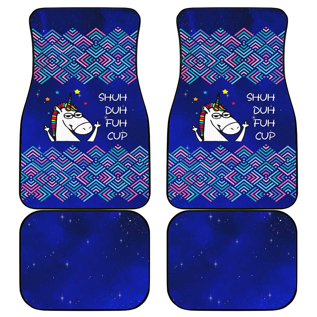 Funny Unicorn Car Mats with Shuh Duh Fuh Cup Quote Blue Geometric and Cartoon - Wonder Print Shop