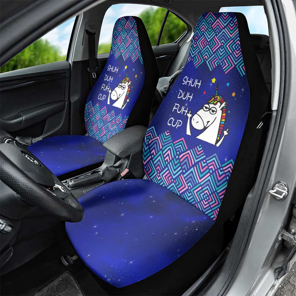 Funny Unicorn Car Seat Cover with Shuh Duh Fuh Cup Quote Blue Geometric and Cartoon - Wonder Print Shop