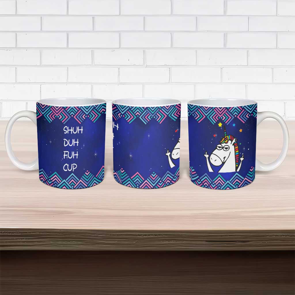Funny Unicorn Ceramic Mug with Shuh Duh Fuh Cup Quote Blue Geometric and Cartoon - Wonder Print Shop