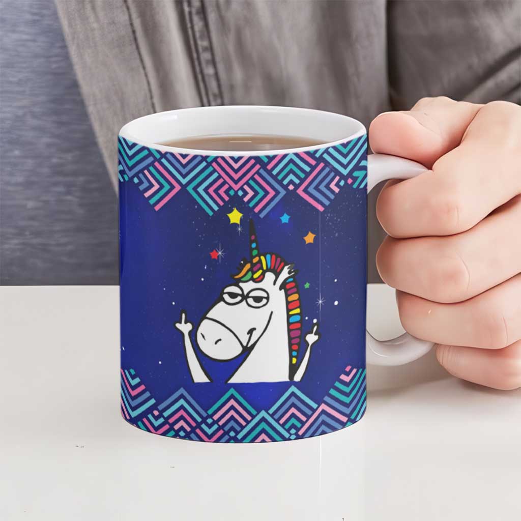 Funny Unicorn Ceramic Mug with Shuh Duh Fuh Cup Quote Blue Geometric and Cartoon - Wonder Print Shop