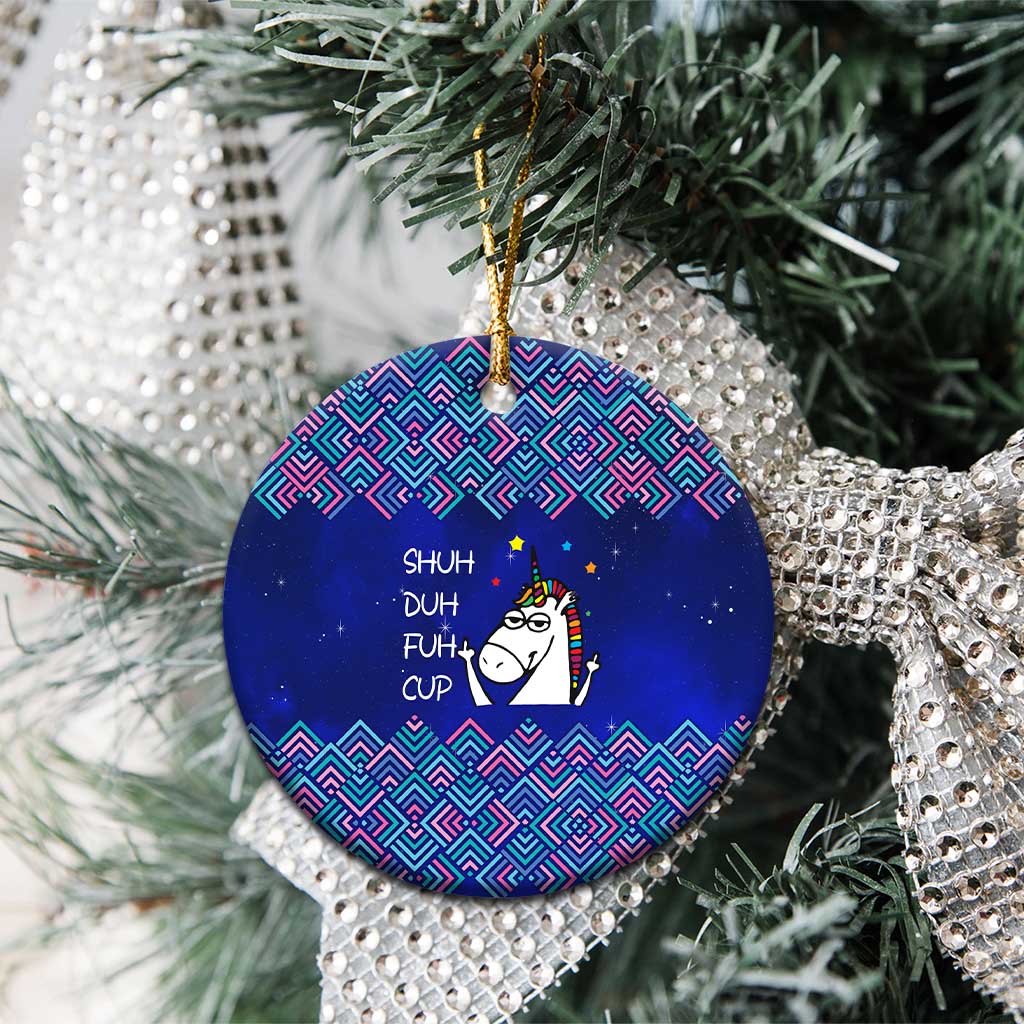 Funny Unicorn Ceramic Ornament with Shuh Duh Fuh Cup Quote Blue Geometric and Cartoon - Wonder Print Shop