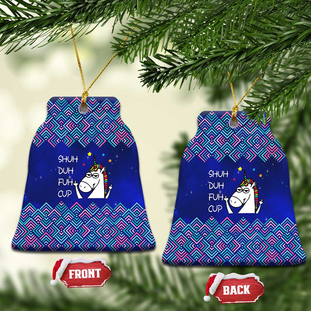 Funny Unicorn Ceramic Ornament with Shuh Duh Fuh Cup Quote Blue Geometric and Cartoon - Wonder Print Shop