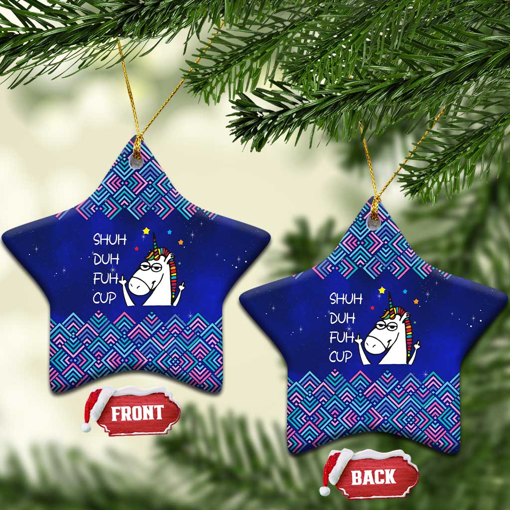 Funny Unicorn Ceramic Ornament with Shuh Duh Fuh Cup Quote Blue Geometric and Cartoon - Wonder Print Shop