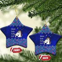 Funny Unicorn Ceramic Ornament with Shuh Duh Fuh Cup Quote Blue Geometric and Cartoon - Wonder Print Shop