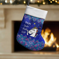 Funny Unicorn Christmas Stocking with Shuh Duh Fuh Cup Quote Blue Geometric and Cartoon - Wonder Print Shop