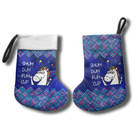 Funny Unicorn Christmas Stocking with Shuh Duh Fuh Cup Quote Blue Geometric and Cartoon - Wonder Print Shop